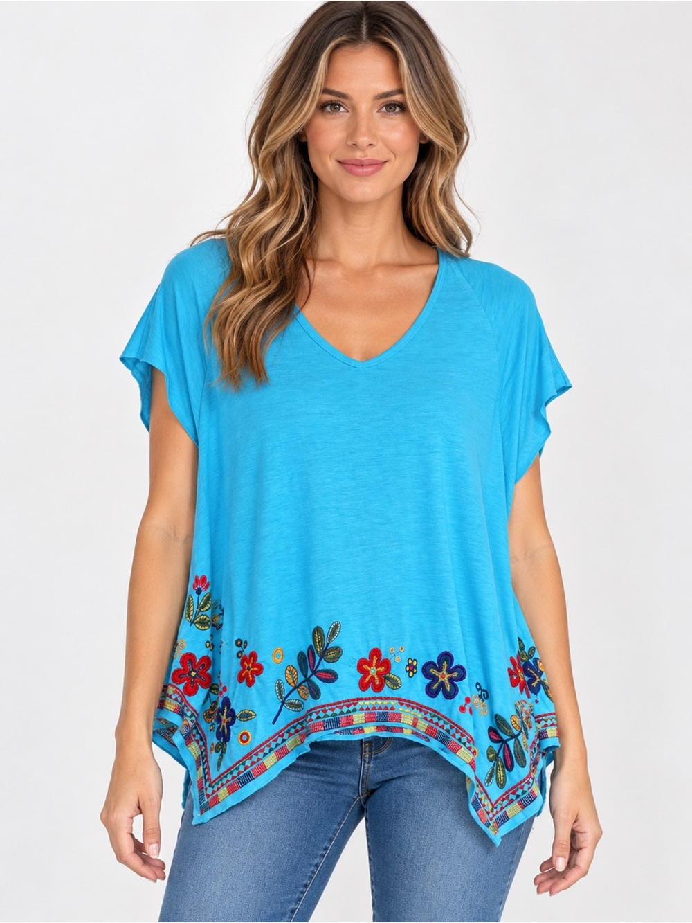 JW Los Angeles Women M Blue Floral Embroidered Boho asymmetrical hem poncho Top
